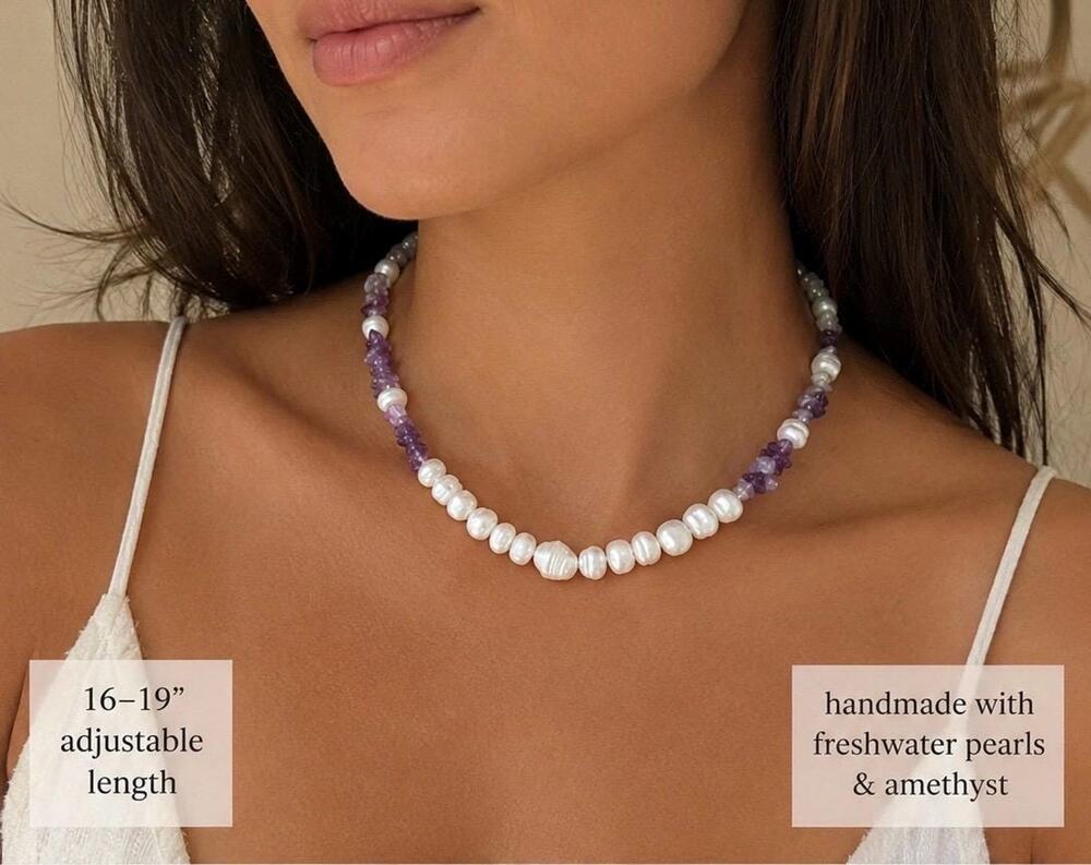 Amethyst Pearl Choker Necklace – Freshwater Pearls & Purple Amethyst Gemstone